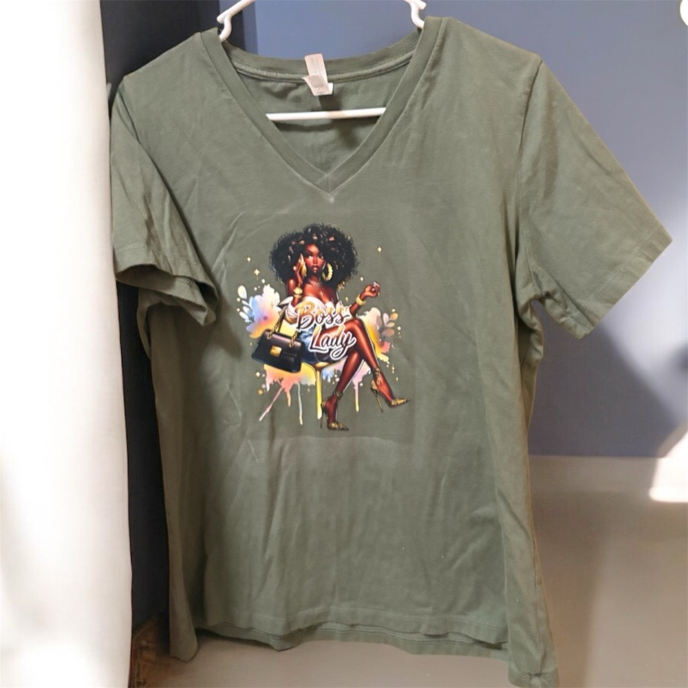 Bella Canvas boss lady Graphic V-Neck T-Shirt - Olive LARGE HANDCRAFTED